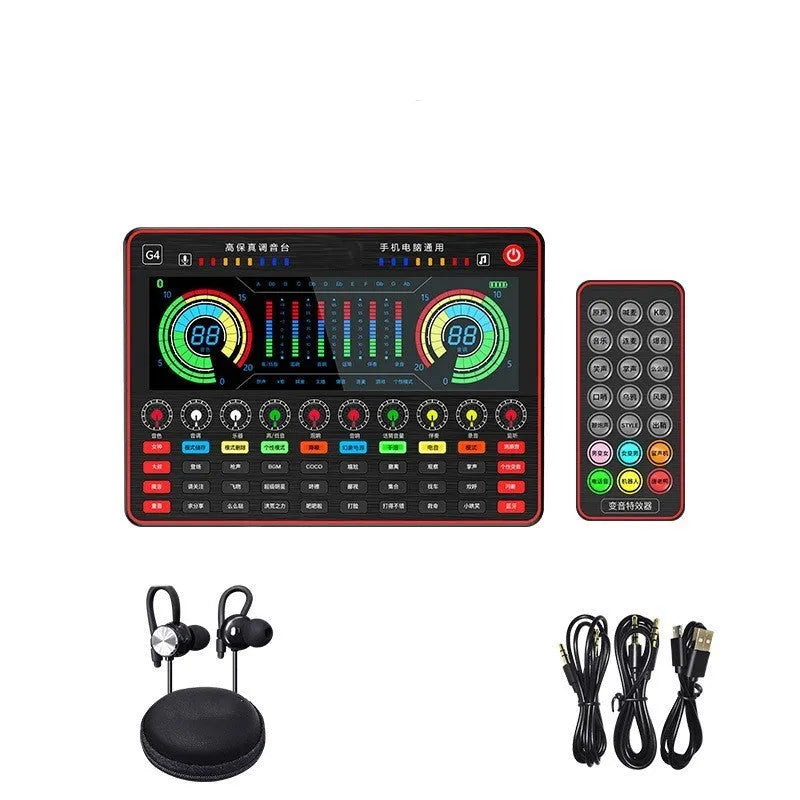 G4 professional sound card set with condenser microphone, remote control, audio cables, and LCD display