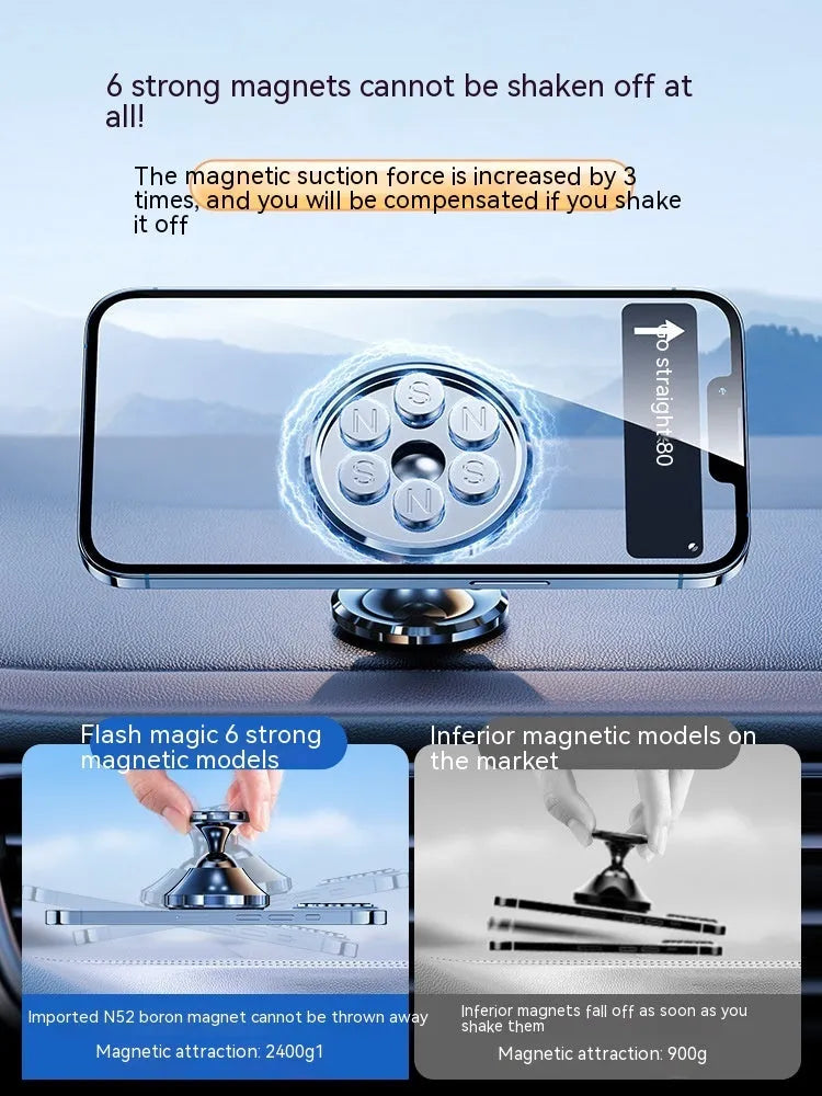 Shiny black magnetic car phone holder with adhesive dashboard mount.