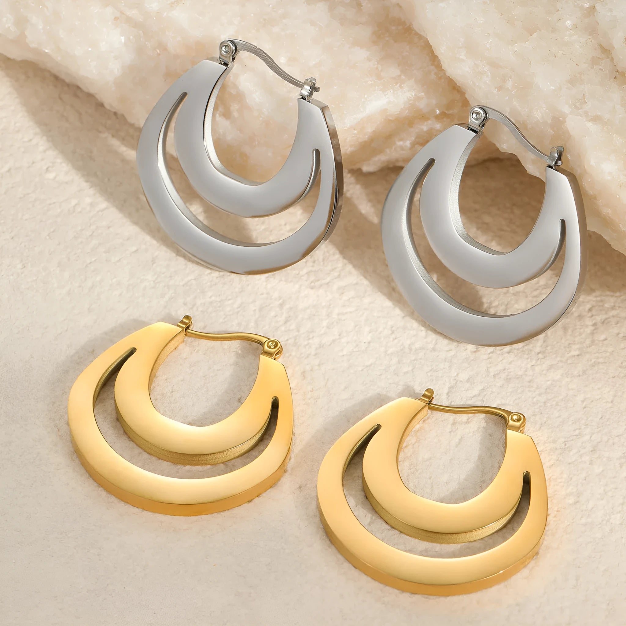 Geometric minimalist French earrings with stainless steel construction and 18K gold electroplating in gold and steel colour options