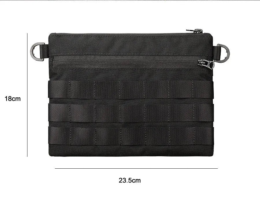 Solid black Oxford cloth portable organiser bag measuring 18cm by 3.5cm.