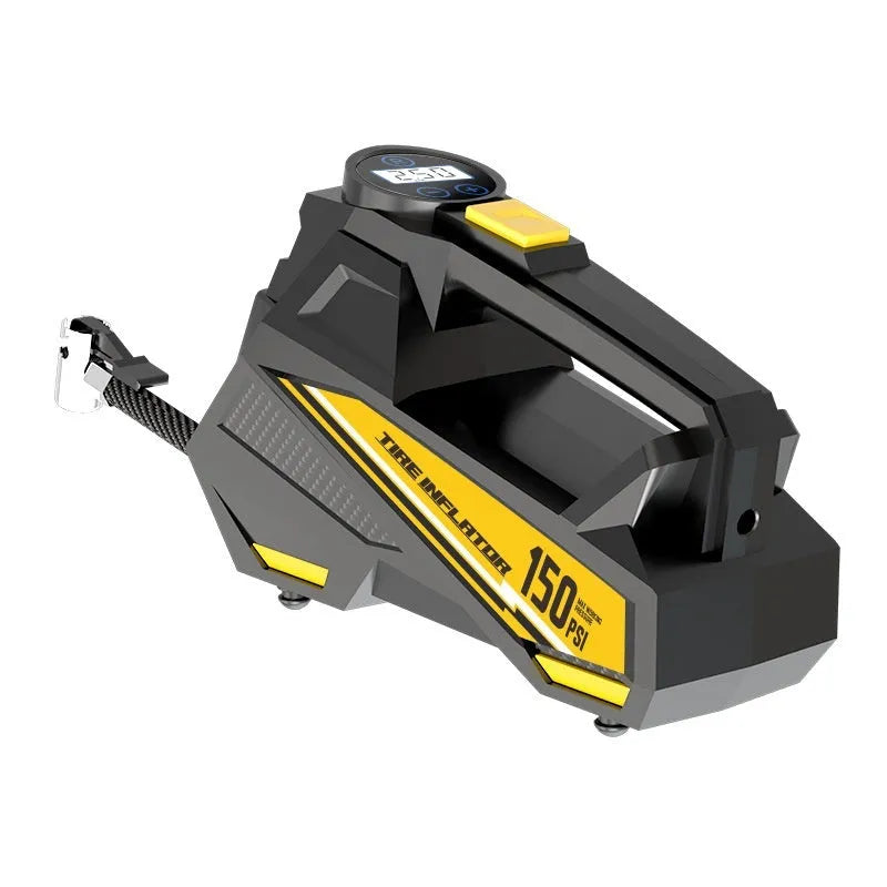 Black portable tyre inflator with digital display for vehicle and watercraft tyres