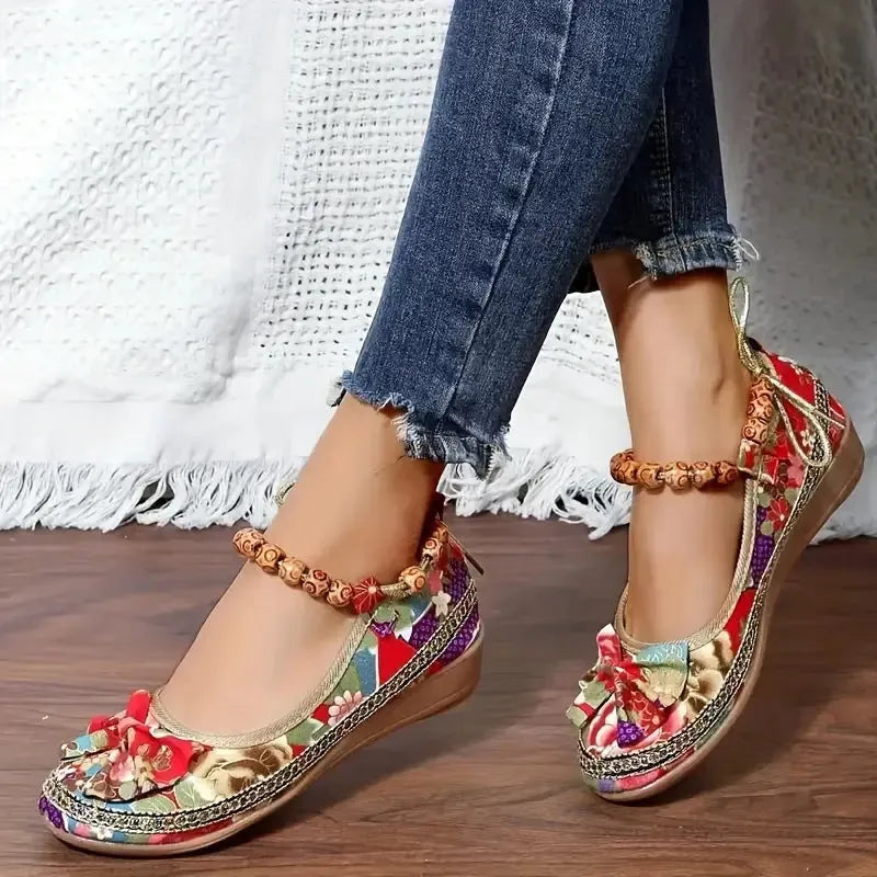 Women's black plus size ethnic platform sandals with cloth upper and elastic strap