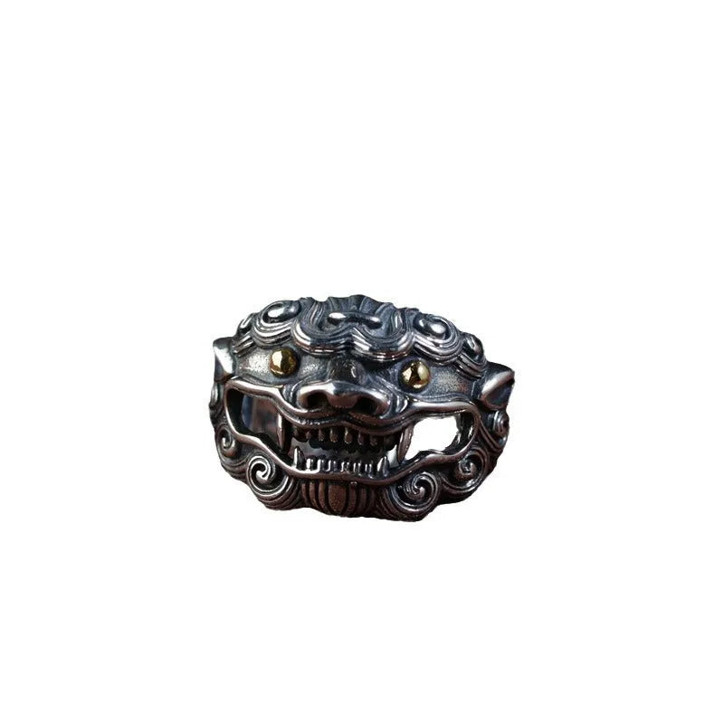 Silver open ring with Domineering Jibeast animal and Zodiac pattern in retro style