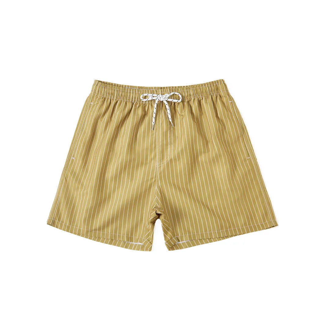 Men's striped beach shorts in navy blue, showing straight leg opening and casual fit.