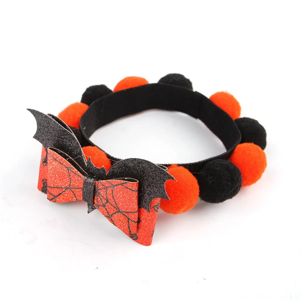 Halloween pet collar with fur ball pumpkin accessory in six festive designs for cats and dogs