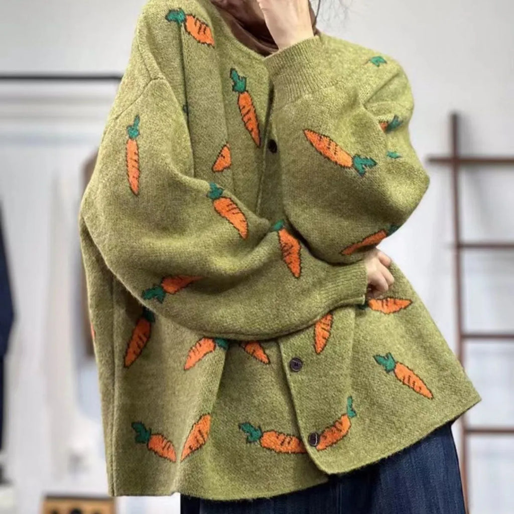 Mori artistic printing cardigan sweater with colour contrast pattern, loose casual cut