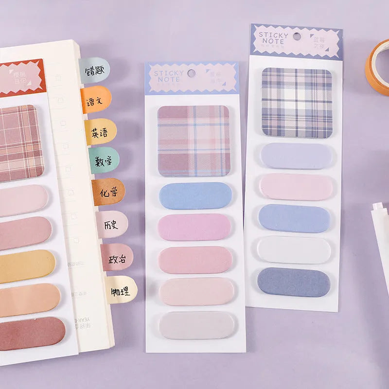 Colourful memo pad sticky notes set showing six different plaid and solid colour designs