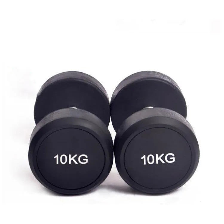 Black cast iron rubberised round head dumbbell, single fitness weight available in 1kg, 2.5kg and 5kg