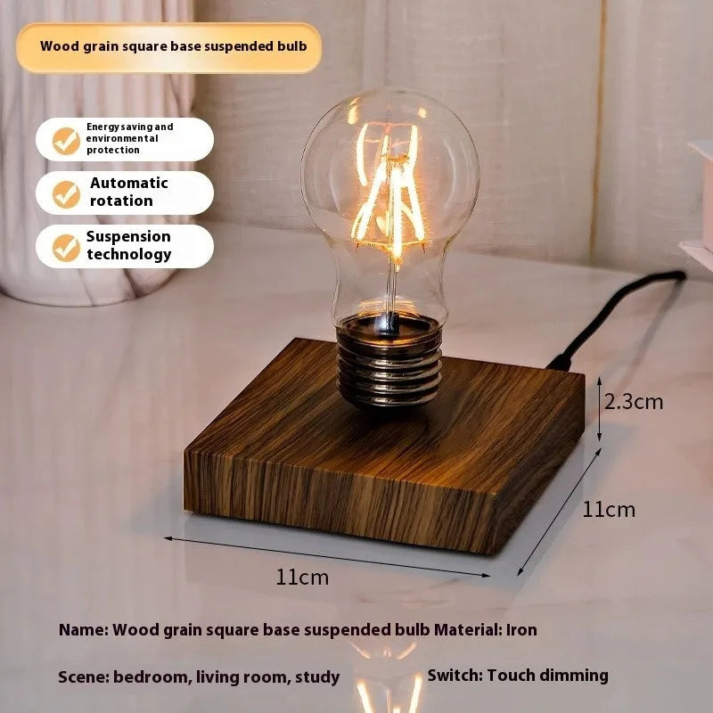 Suspension bulb creative small night lamp with iron art construction on wood grain base
