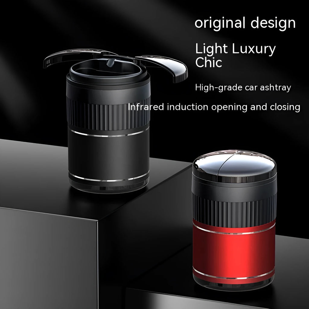 Automatic metal car ashtray with touch control in black colour, showing compact size and lid.