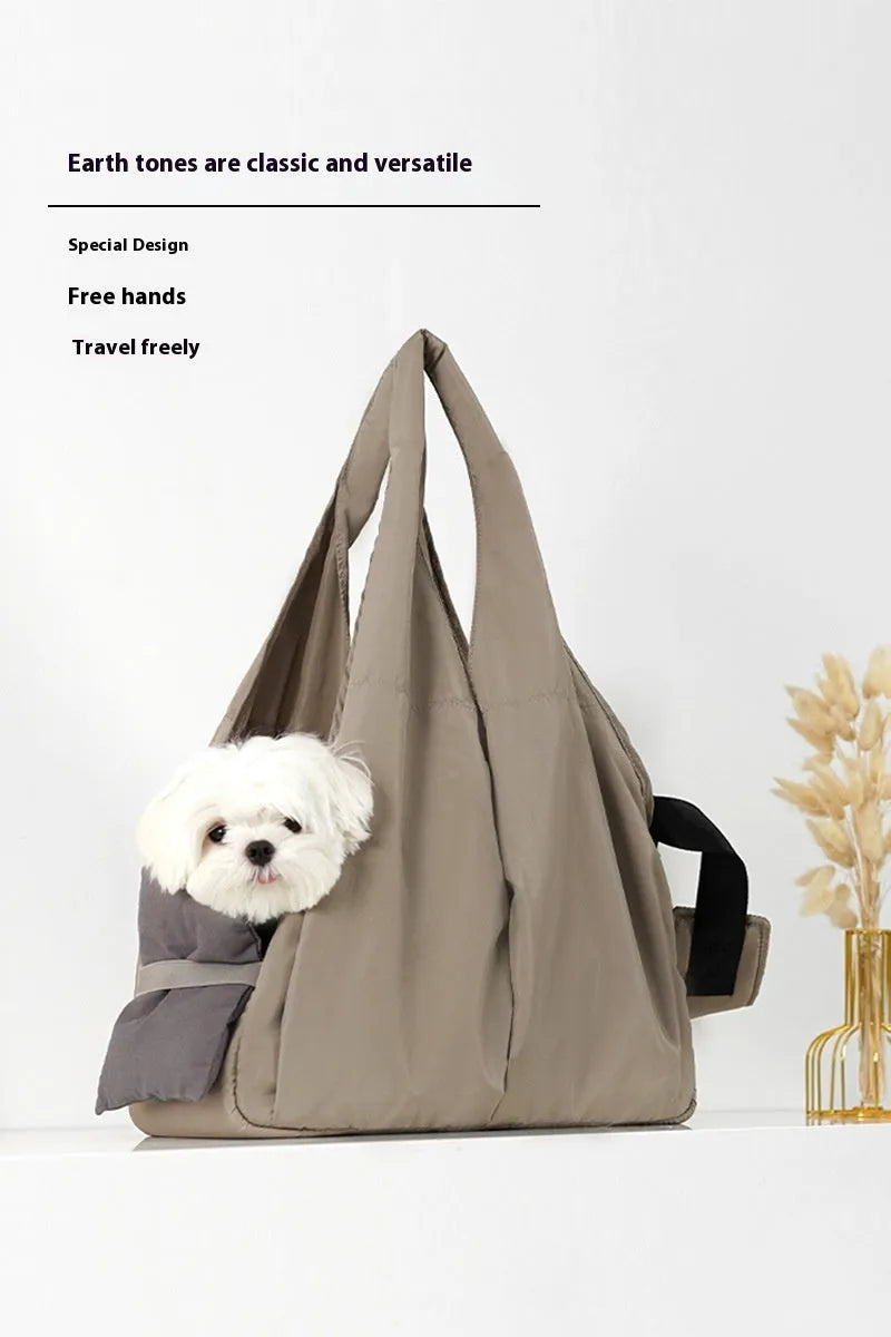 Apricot cloth pet handbag carrier for small dogs and cats with dimensions 41x16x28cm