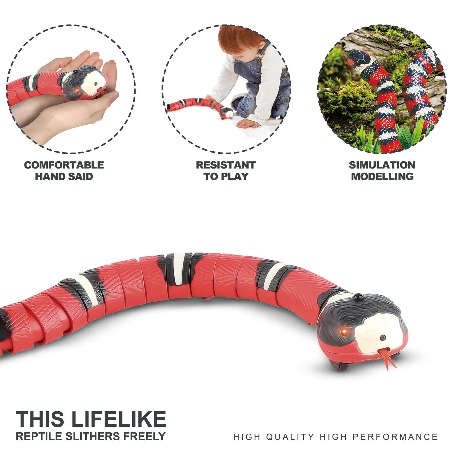 Electronic snake cat toy with segmented plastic body showing S-type crawling motion on floor
