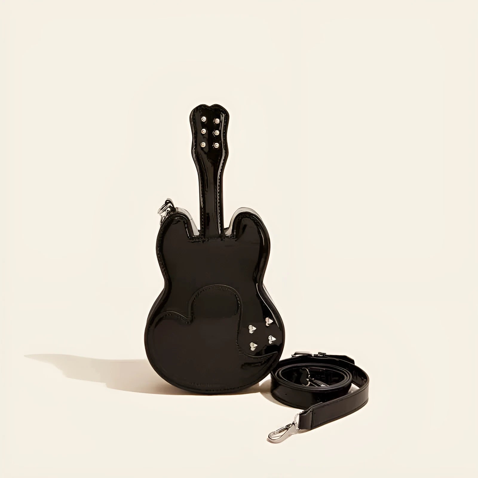 Guitar-themed PU leather crossbody shoulder bag showing colour options and size