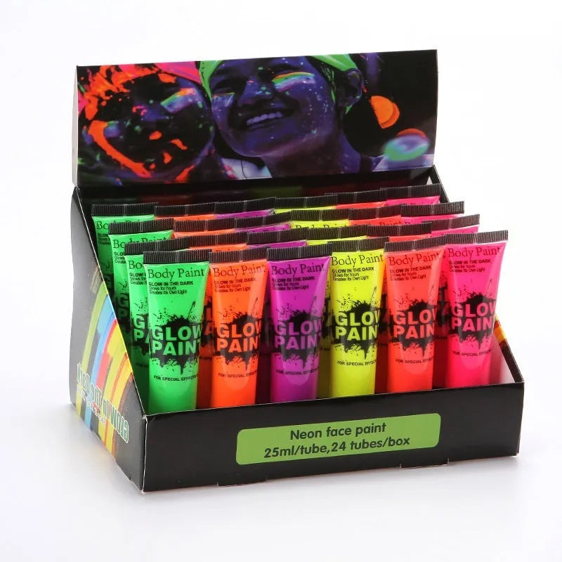 25ml tube of neon face and body paint in colours red, yellow, green, purple, orange, pink