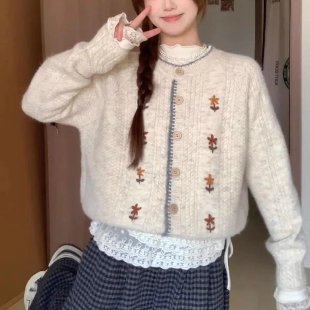 Japanese style round neck flower knitted cardigan for women in oatmeal colour with long sleeves and button front