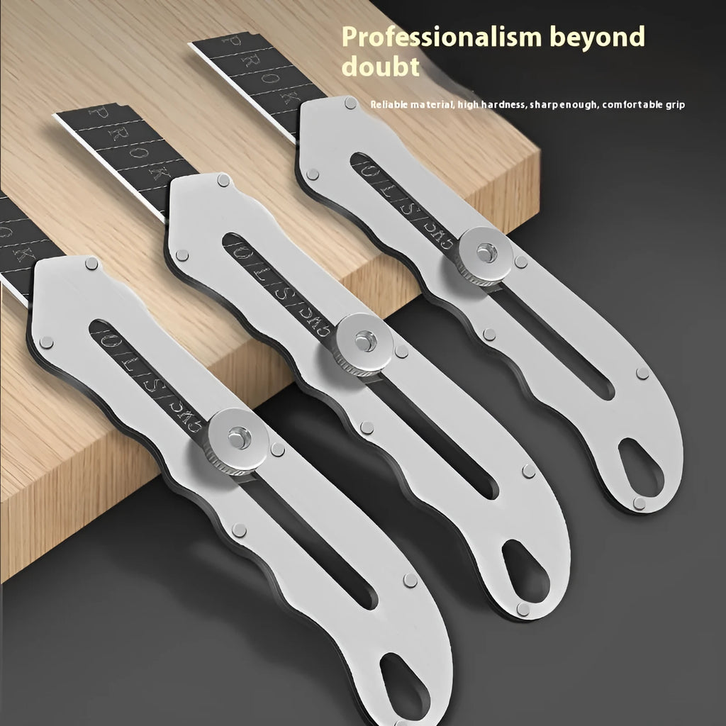 Stainless steel folding utility art knife with black blade, shown with long and trapezoidal blades.