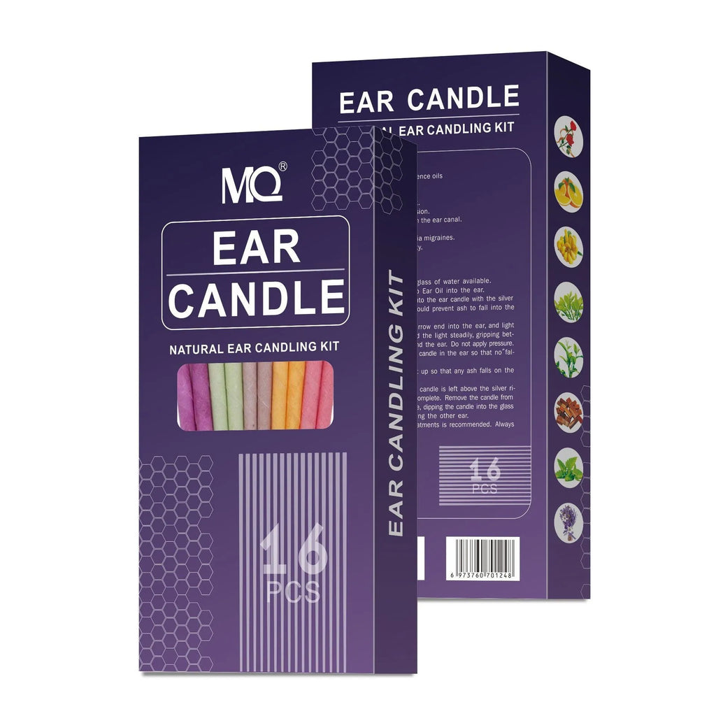 MQ Horn ear candle set showing candles, protection boards, and cotton swabs in assorted colours