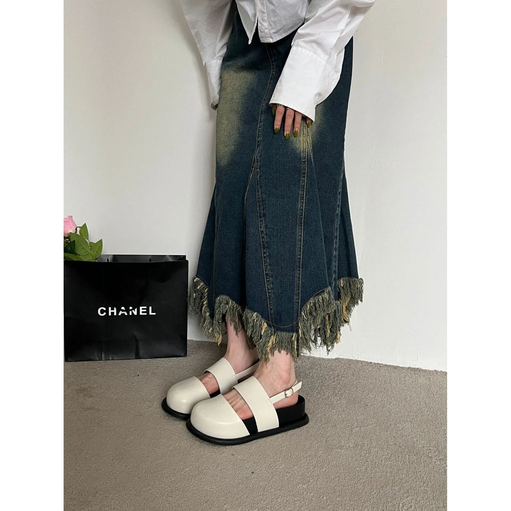 Korean retro sandals with closed toe design and adjustable ankle strap buckle in microfiber material