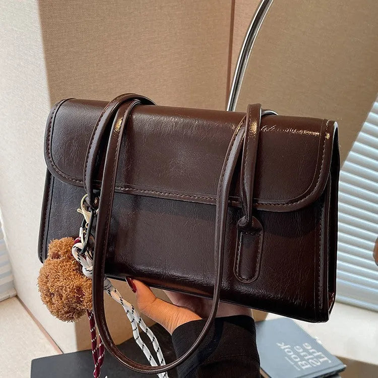Women's brown Maillard PU leather shoulder bag with square design and pendant detail