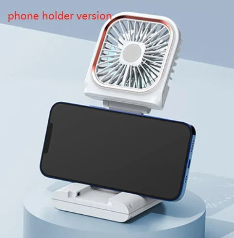 Hands-free neck fan worn around the neck with dual fans, USB charging cable, and foldable design.