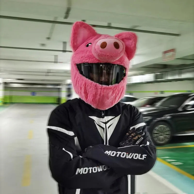 Pink pig cartoon plush hood for motorcycle helmet protection