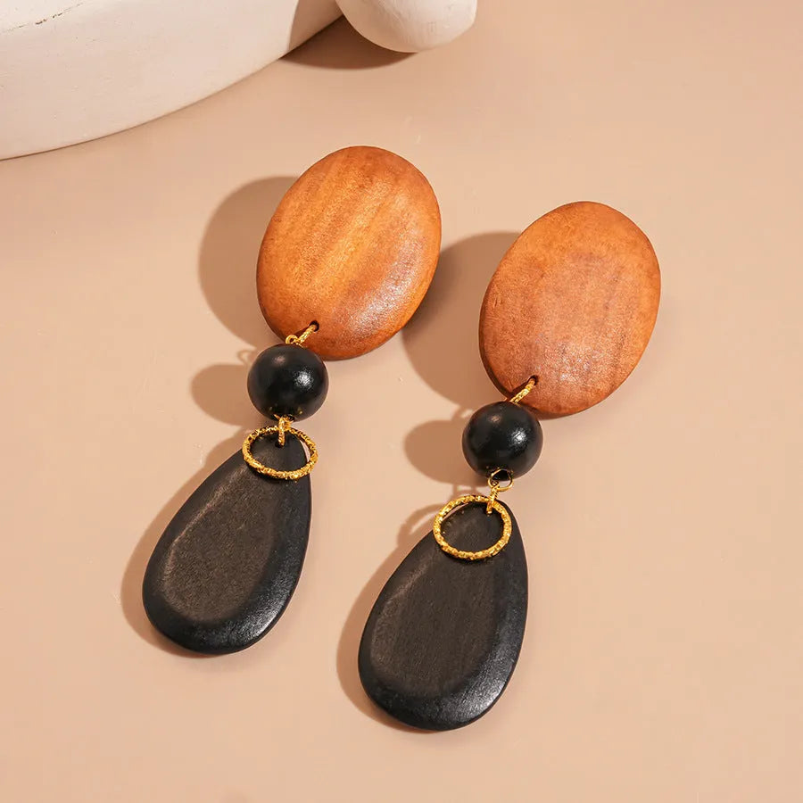 Wooden retro earrings with ellipse design in brown black colour European American style