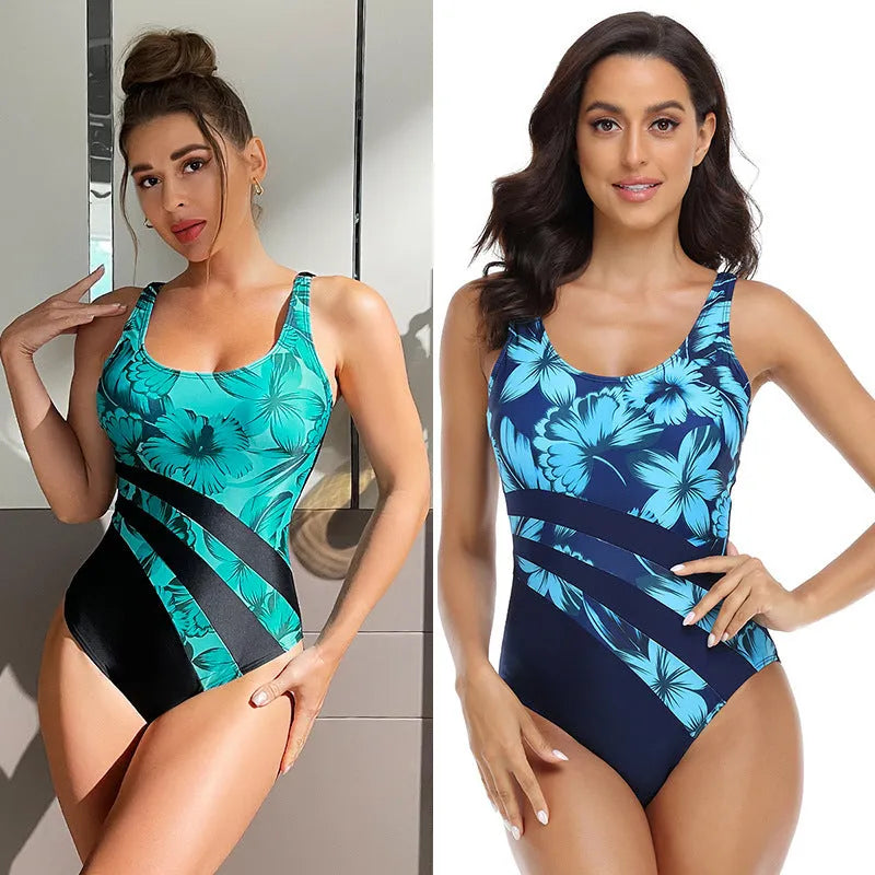 Women's conservative printed one-piece swimsuit in chemical fibre blend fabric available in blue and green colours