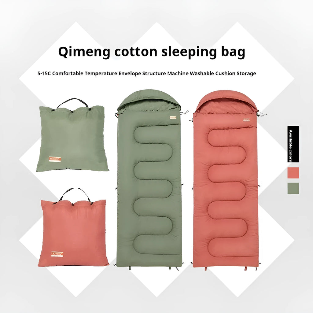 Cotton camping sleeping bag in ochre colour showing quilt-style construction and portable design