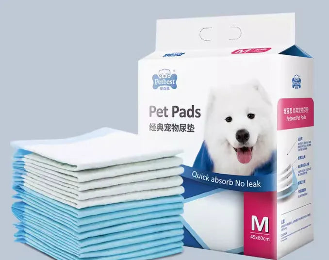 Thickened dog urine pads showing four size options with adhesive backing and bamboo charcoal deodorising features