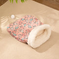 Flannel cat sleeping bag nest bed in pink trojan design, 50 by 40 cm.