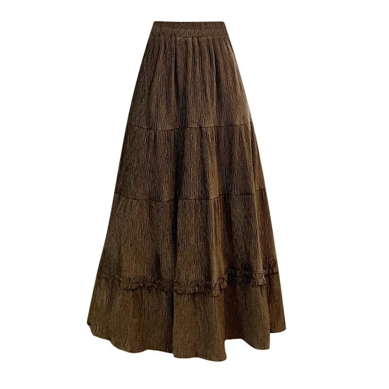 Women's beige corduroy A-line midi skirt with elastic waistband Korean style solid colour