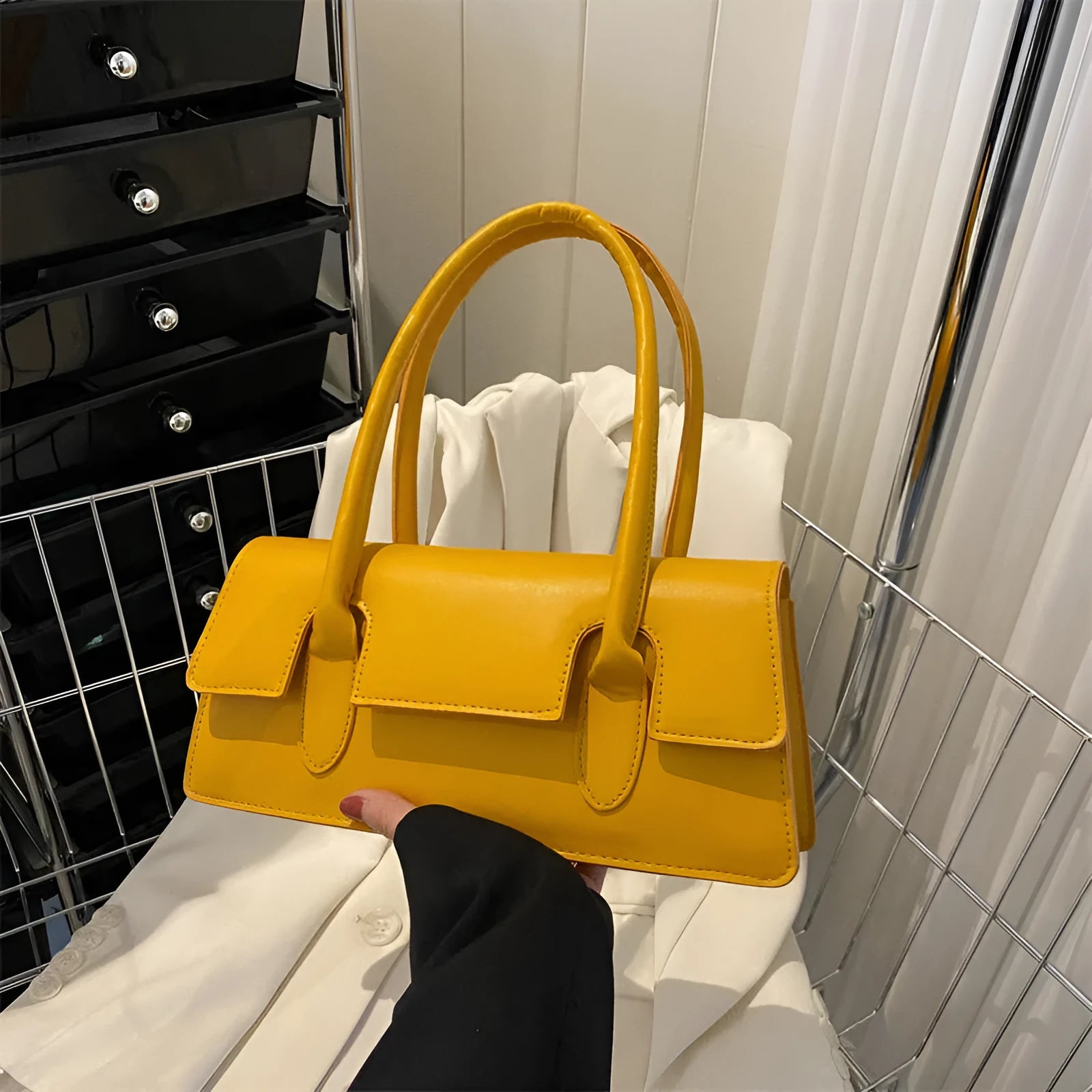Women's retro style small square shoulder bag in PU leather, shown in a choice of colours.