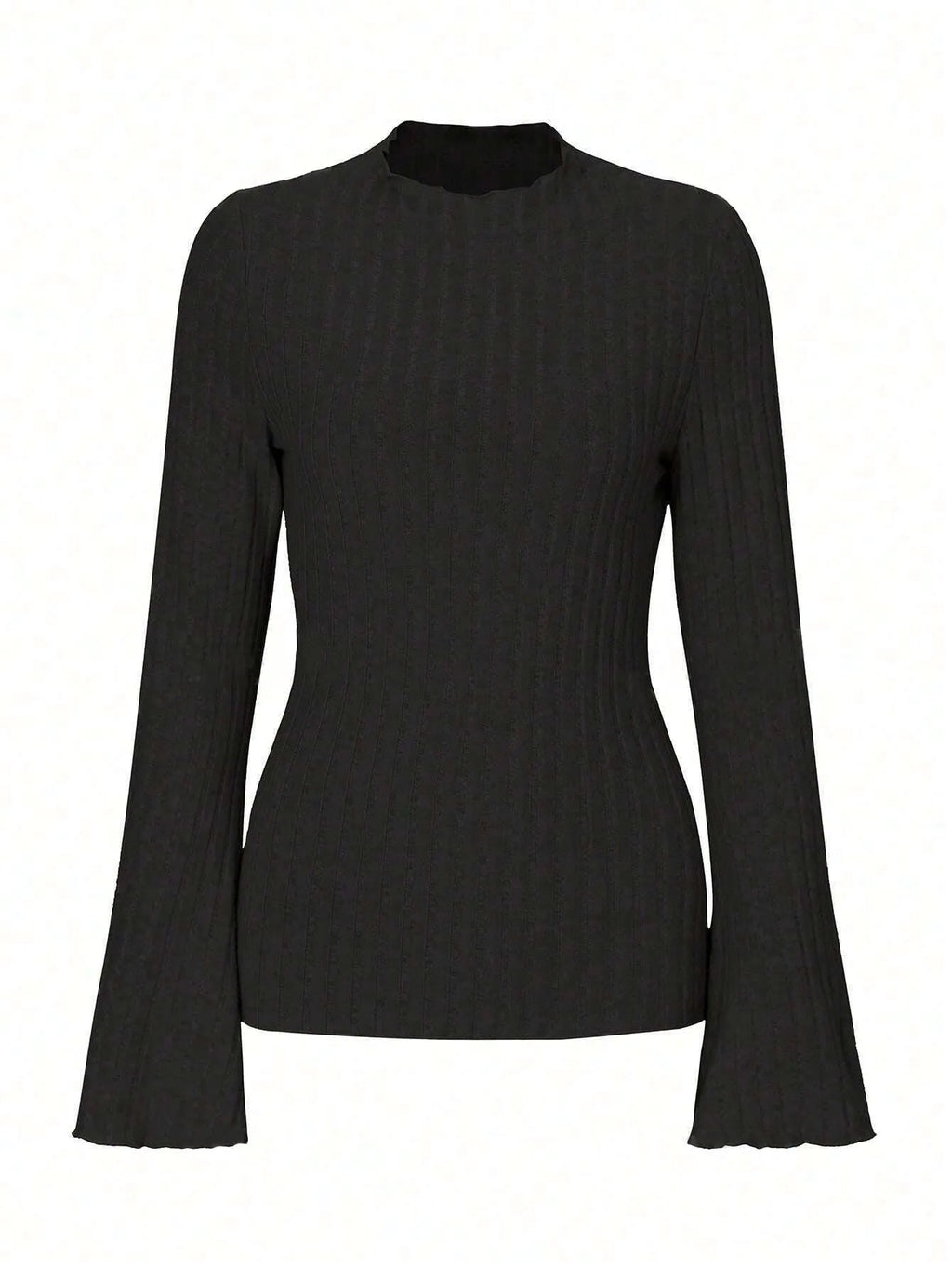 Man wearing a black slim fit long sleeve top with lantern sleeves and a round neck.