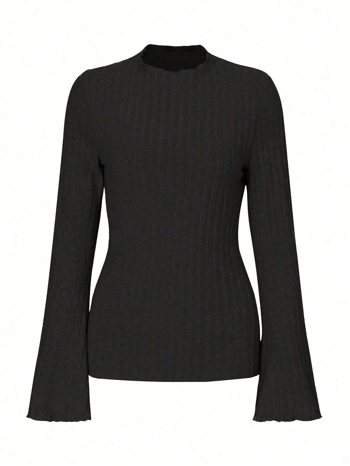Man wearing a black slim fit long sleeve top with lantern sleeves and a round neck.