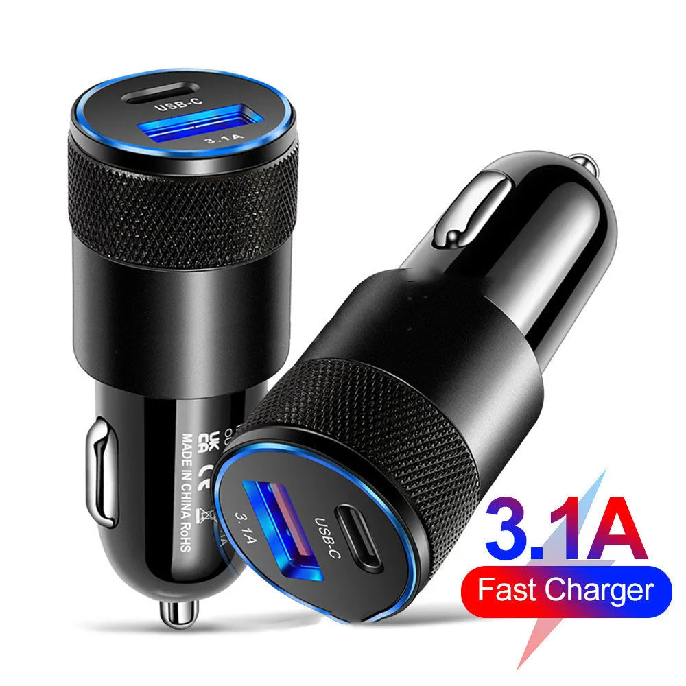 Compact black aluminium alloy mobile phone car charger for vehicle 12V socket.