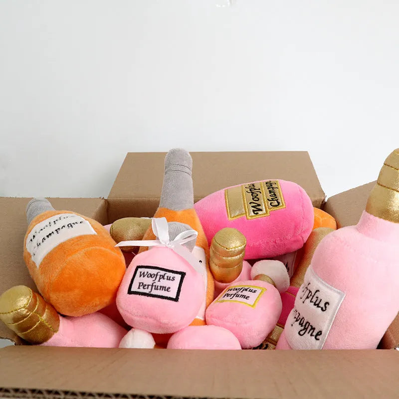 Plush wine bottle dog chew toy with squeaker for small medium dogs in multiple colour options