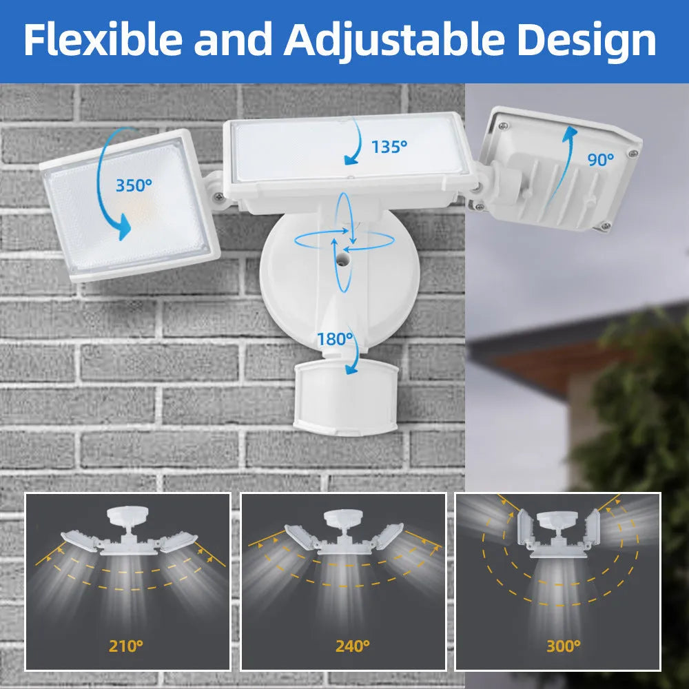 White outdoor LED security flood light with motion sensor mounted on a wall.
