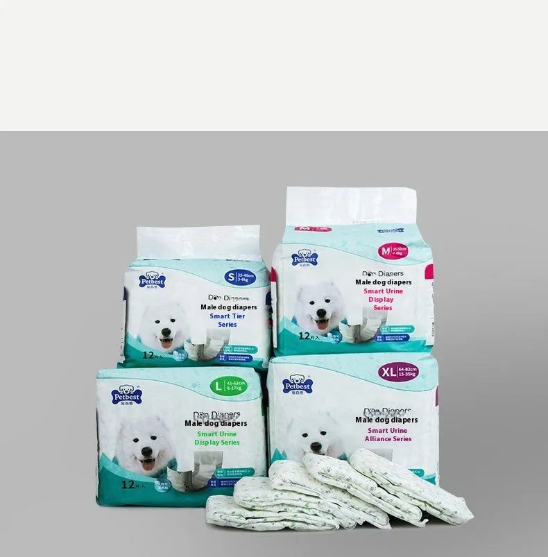 Petbest white male dog diaper with urine display, wearable wrap in S M L XL sizes