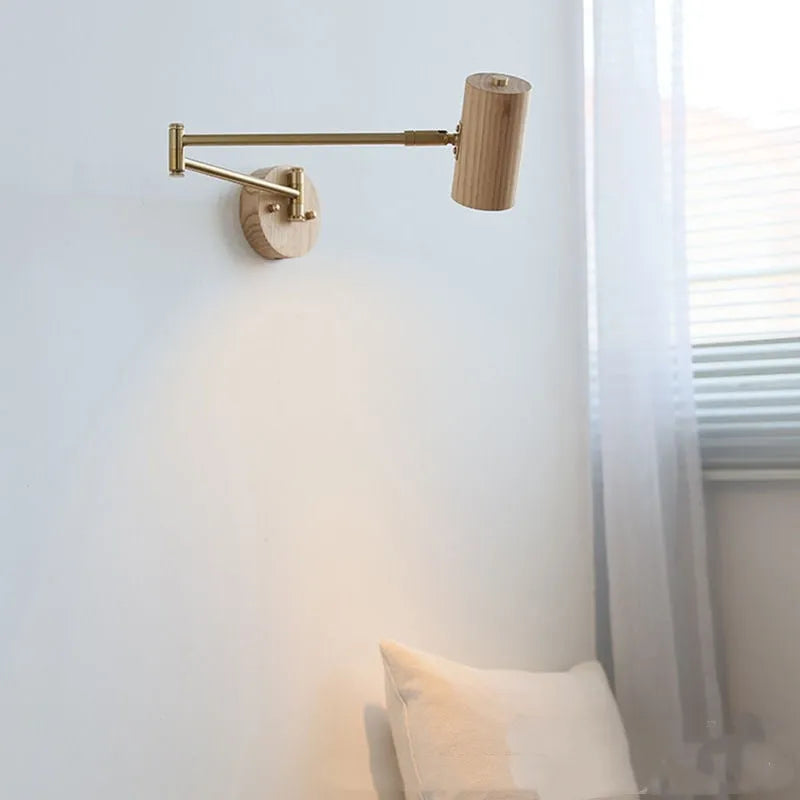Retro wooden wall lamp with rotating long arm and integrated switch in walnut finish