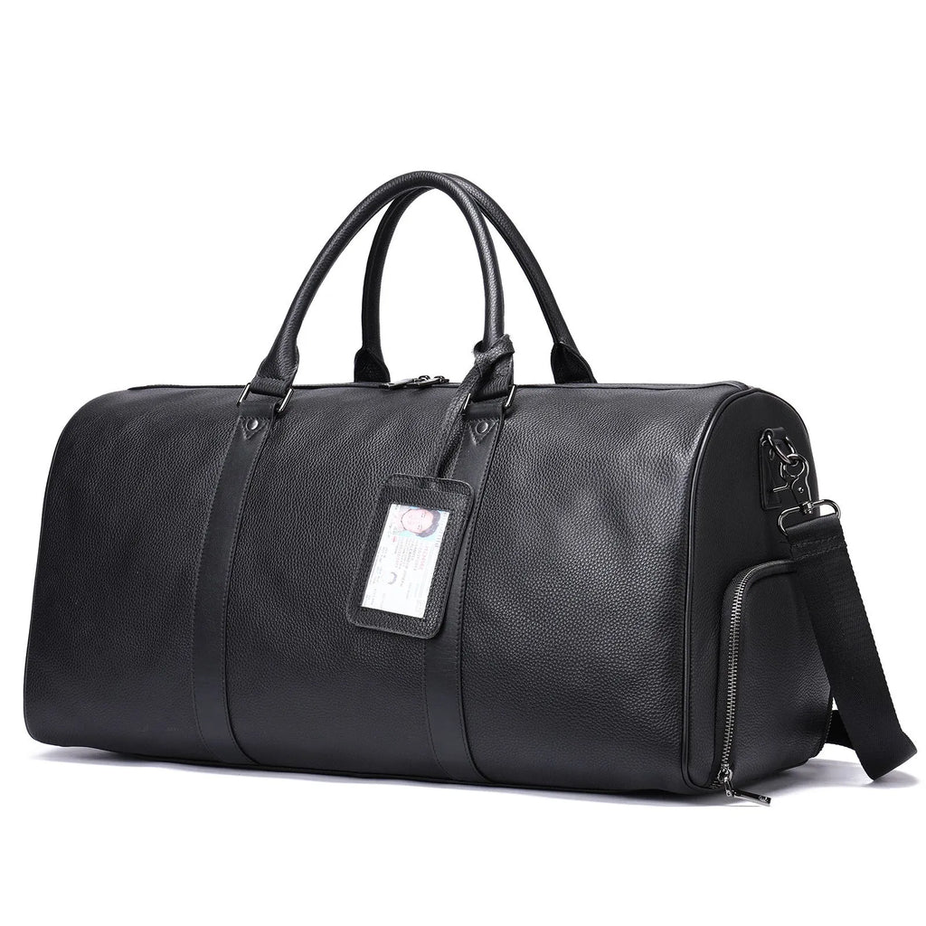 Men's black leather excursion bag with single strap, shown next to coffee colour version