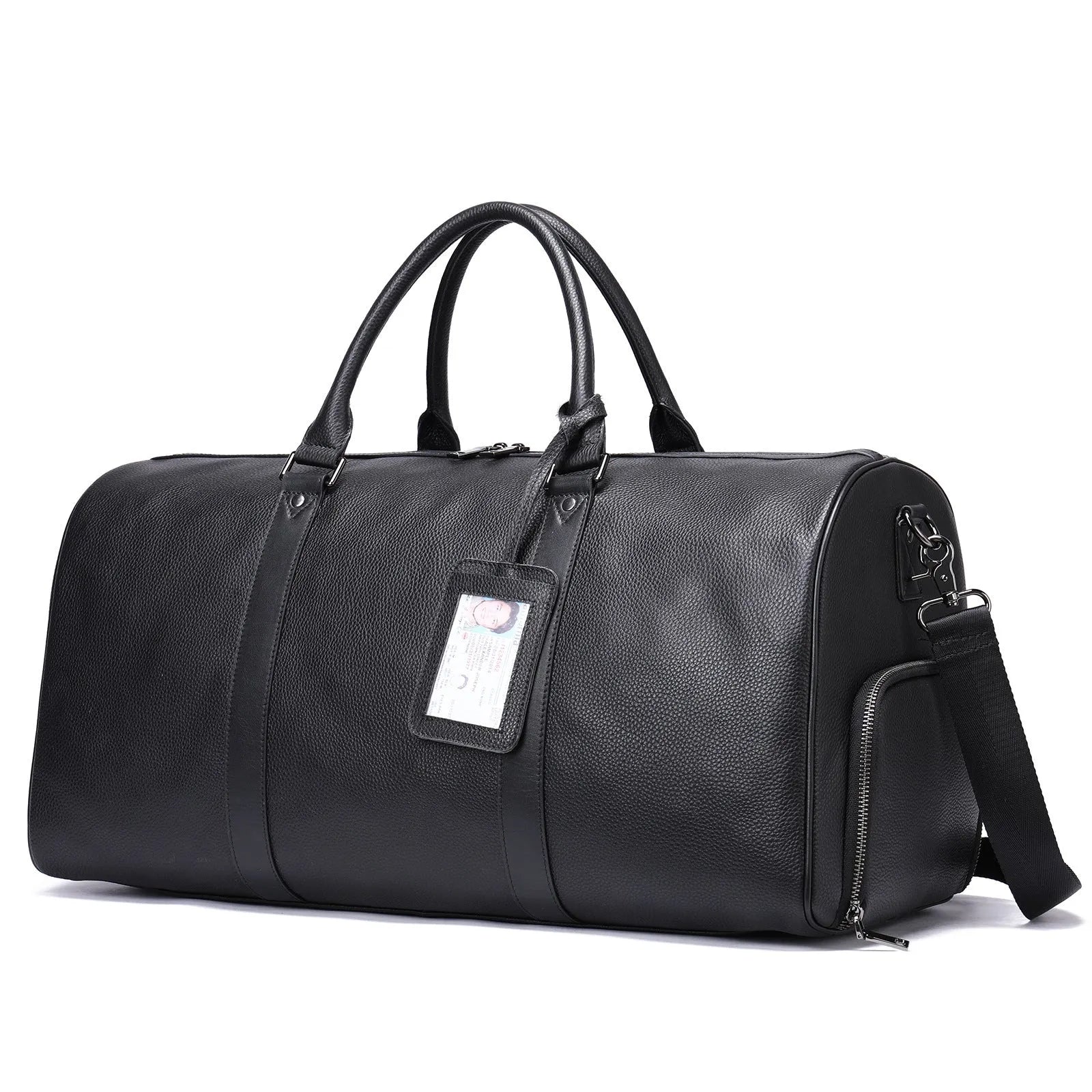 Men's black leather excursion bag with single strap, shown next to coffee colour version