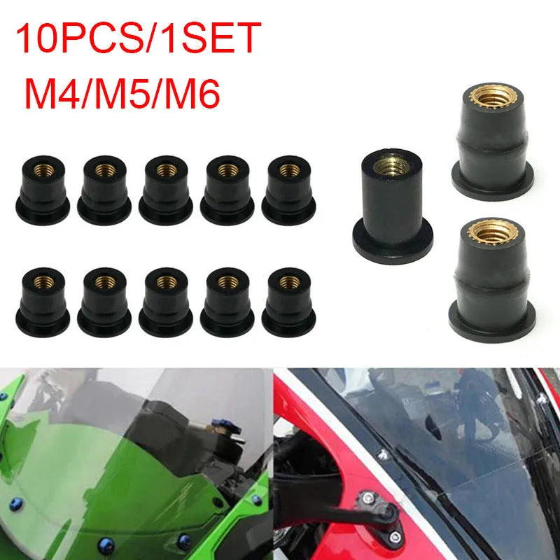 Ten black rubber well nut fasteners with brass inserts for motorcycle windshield mounting, showing M4 M5 M6 sizes.