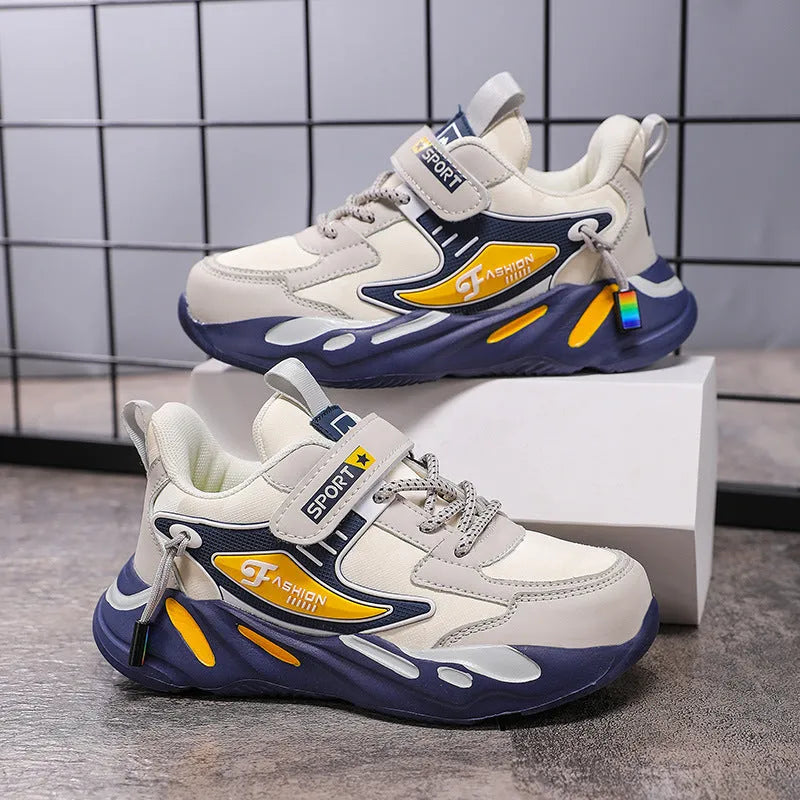 Boys' dark blue and black platform sports shoes with Velcro strap and mesh upper.