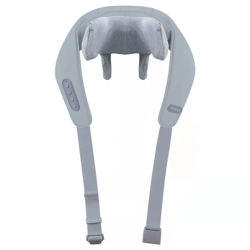 Grey USB-powered neck and back massager with elastic fabric and two-speed controls