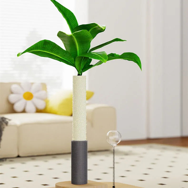 Canna coloured wooden cat scratching post with vertical pole, grab column, and food drop ball