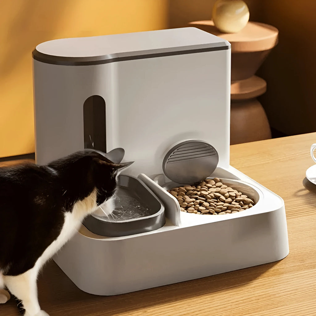Automatic cat feeder with integrated water dispenser double bowl in grey, yellow or green colours