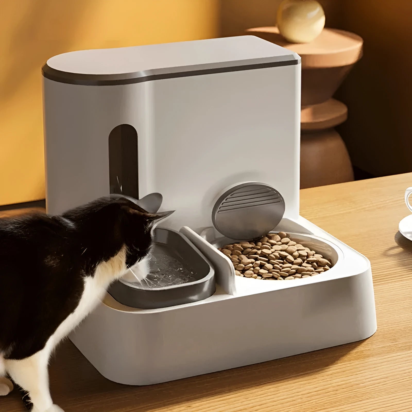 Automatic cat feeder with integrated water dispenser double bowl in grey, yellow or green colours