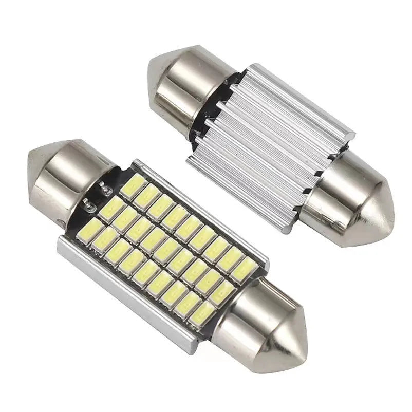 Car interior LED decoder light with aluminium housing and double-tip metal connector in white.