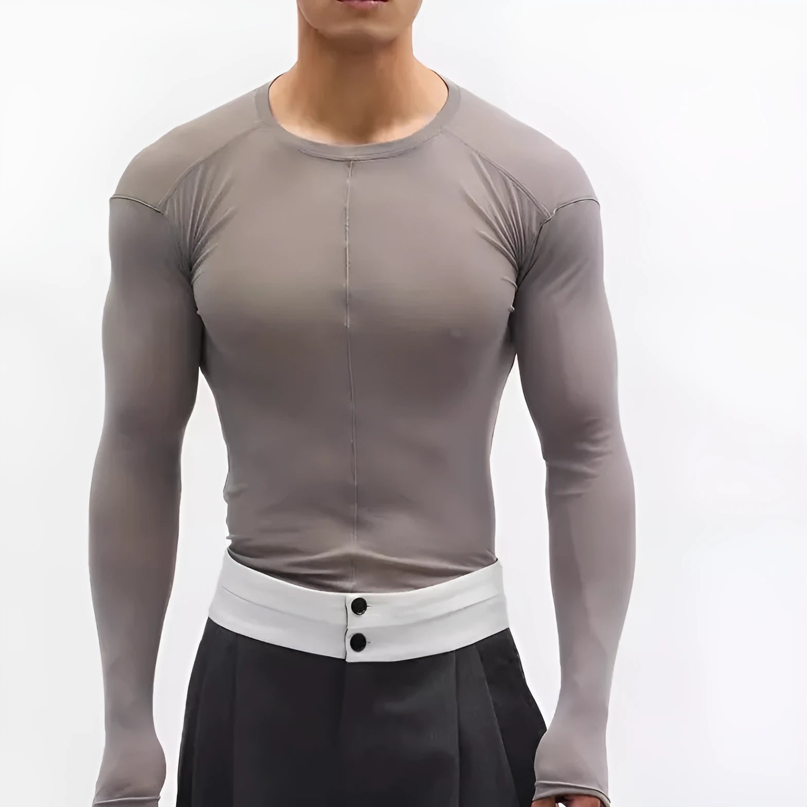 Black slim-fit women's pullover top with mesh see-through texture and long sleeves.