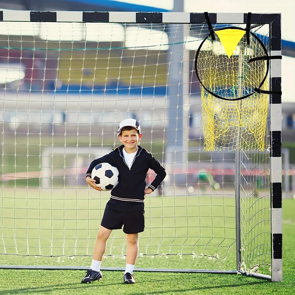 Portable soccer training goal net with adjustable tension system on foldable steel frame